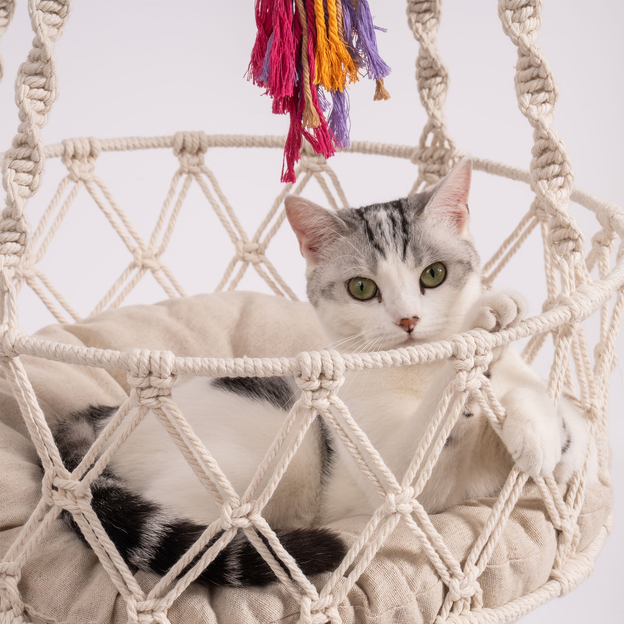 Hamac suspendu en macramé pour chat 