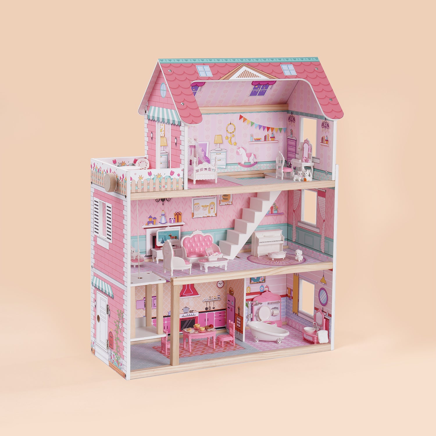 ROBUD Wooden Dollhouse with Elevator 20pcs Furniture 3-Storey Preschool WDH04