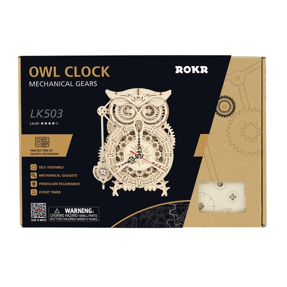 Puzzle 3D en bois avec engrenages mécaniques ROKR Owl Clock LK503 