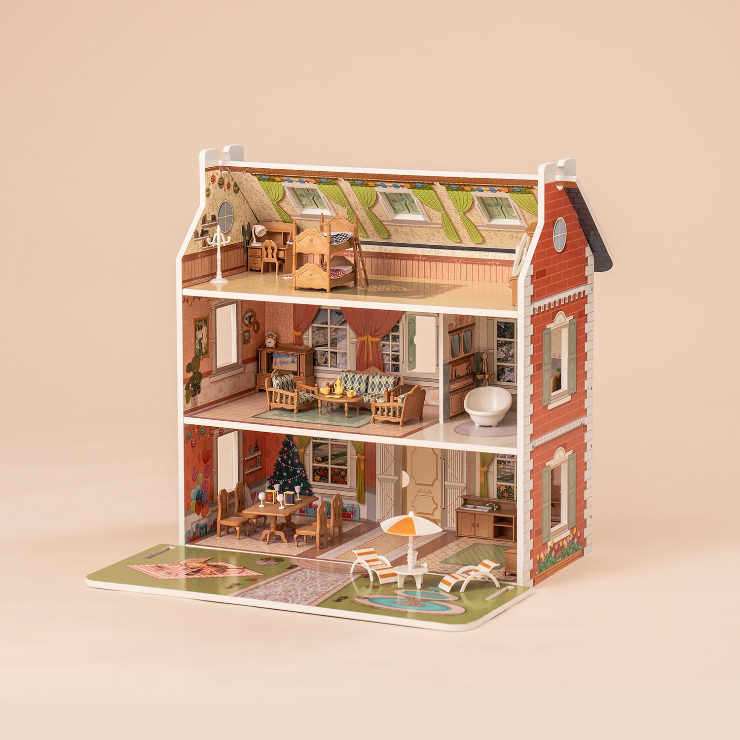 ROBUD Doll House 3 in 1 Wooden Dollhouse Dreamhouse for Kids Toddler WDH07