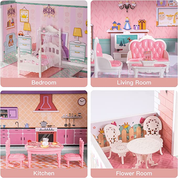 ROBUD Wooden Dollhouse with Elevator 20pcs Furniture 3-Storey Preschool WDH04