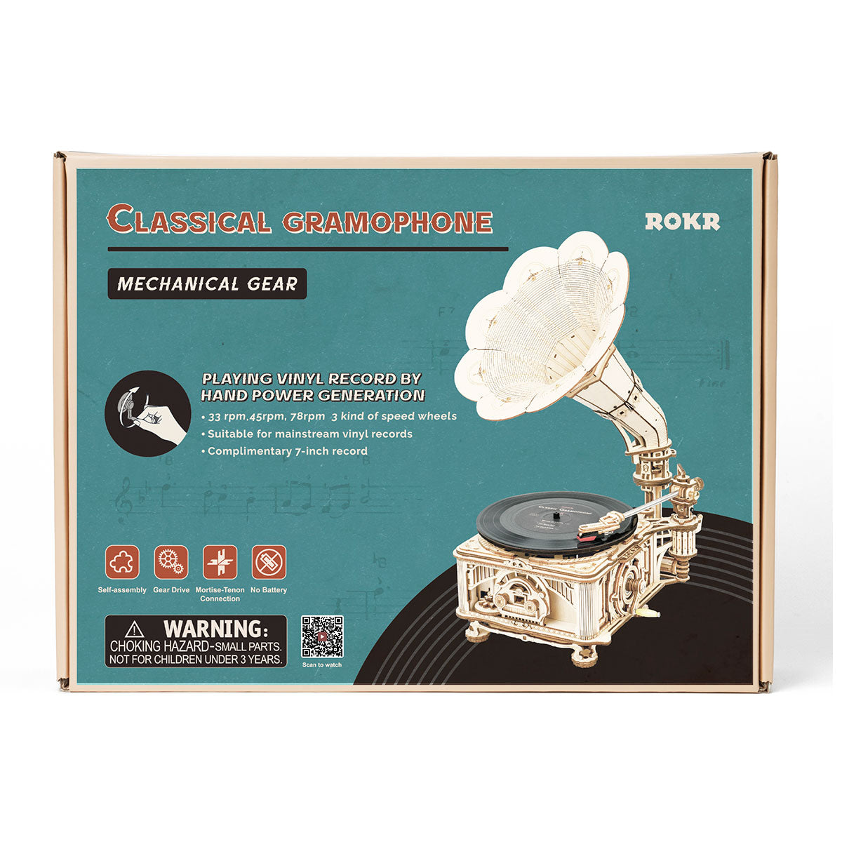 ROKR DIY Kurbel-Klassiker-Grammophon LKB01 (von Hand rotierend) 