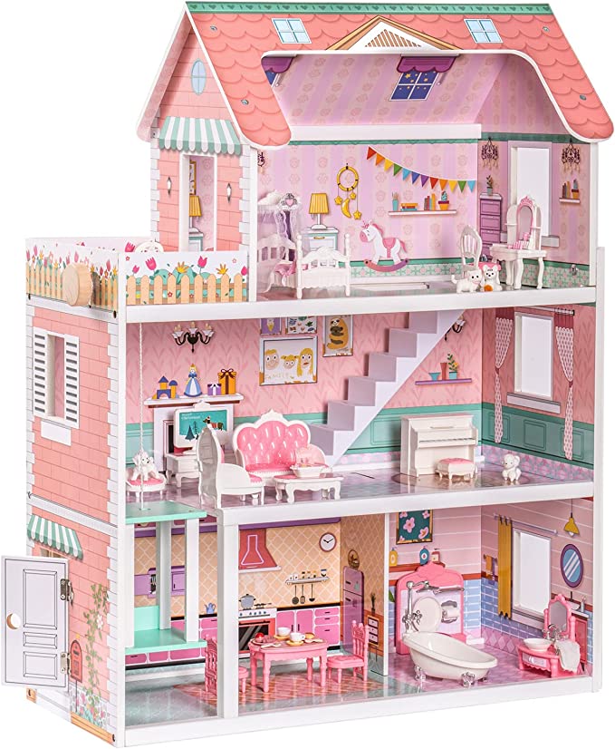 ROBUD Wooden Dollhouse with Elevator 20pcs Furniture 3-Storey Preschool WDH04