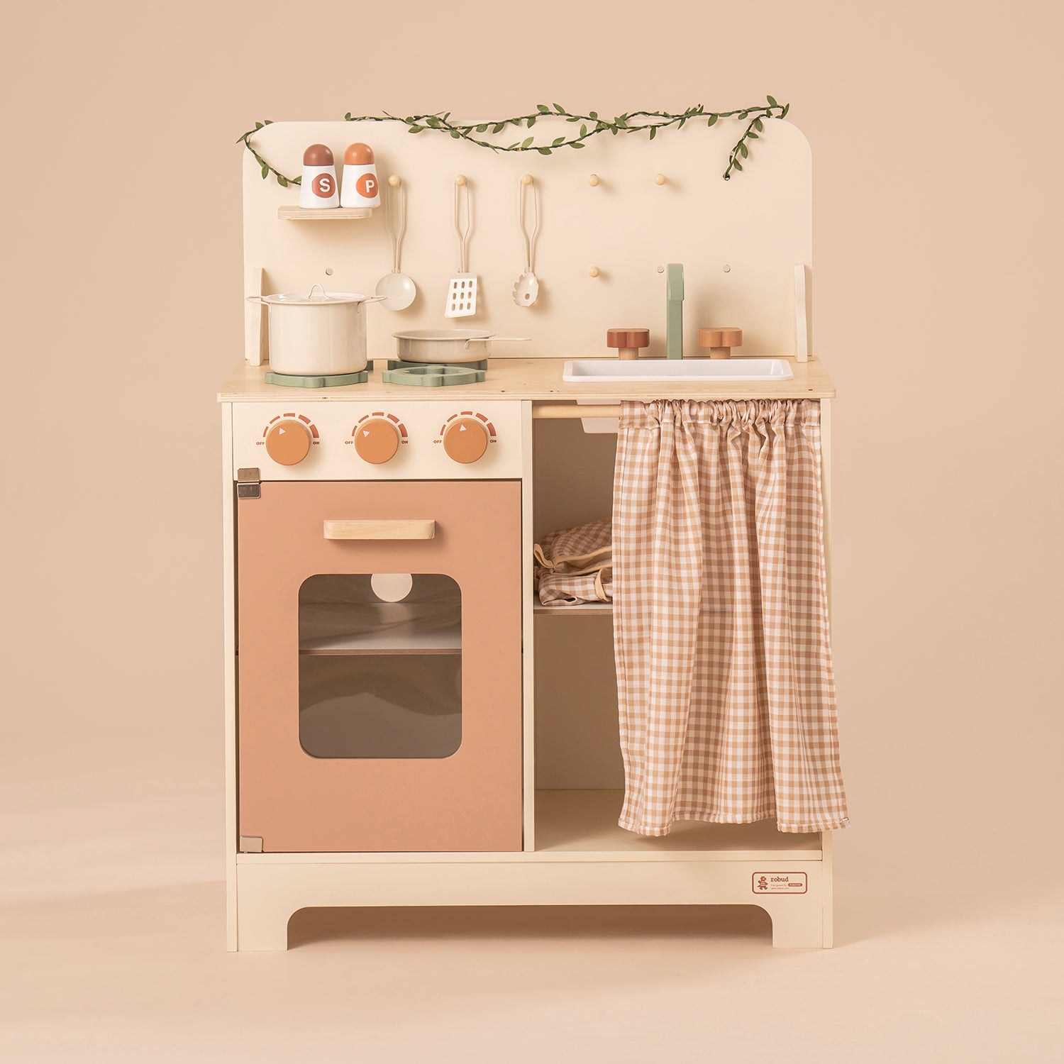 ROBUD Rustic Wooden Play Kitchen with Leaf Light String WCF11