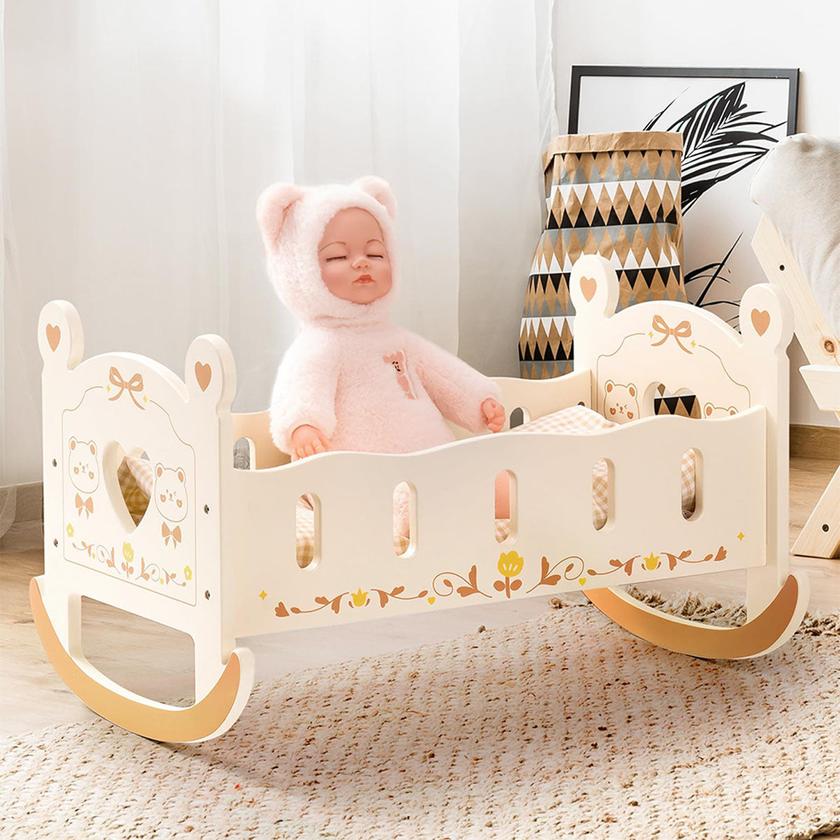 ROBUD Doll Rocking Cradle with Bedding