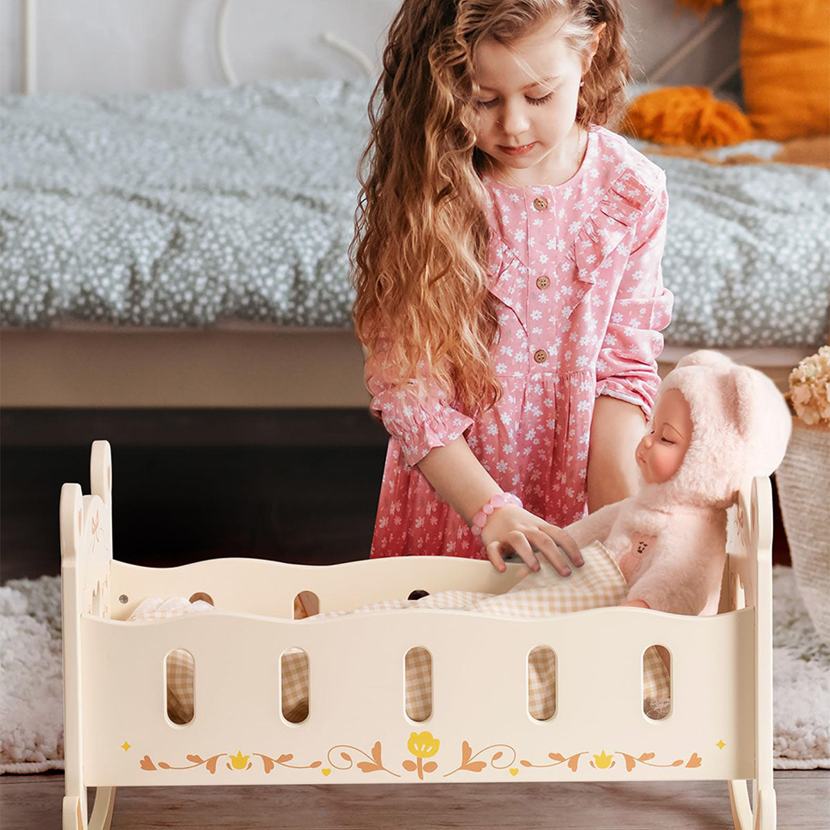 ROBUD Doll Rocking Cradle with Bedding