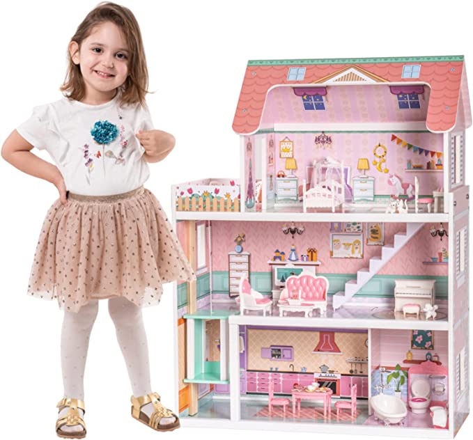 ROBUD Wooden Dollhouse with Elevator 20pcs Furniture 3-Storey Preschool WDH04