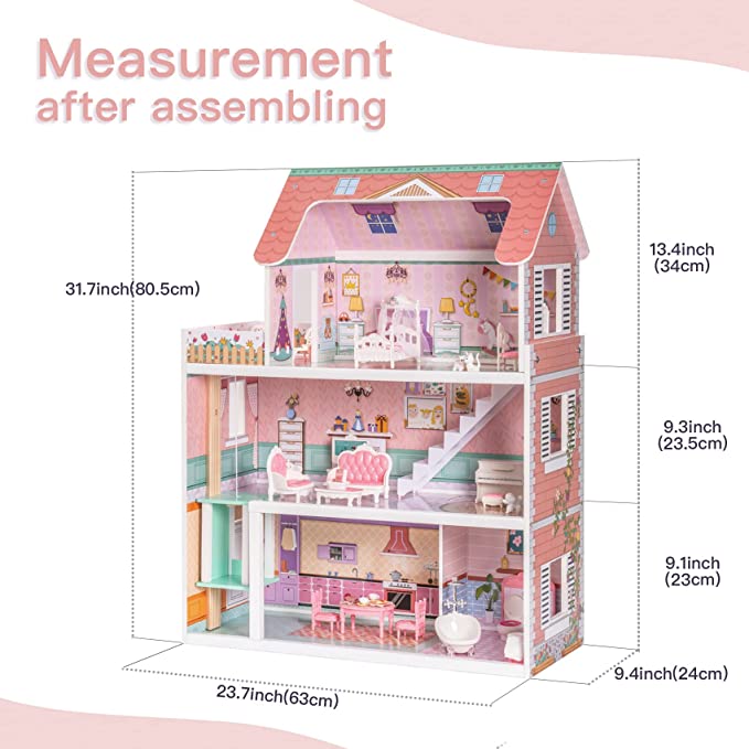 ROBUD Wooden Dollhouse with Elevator 20pcs Furniture 3-Storey Preschool WDH04