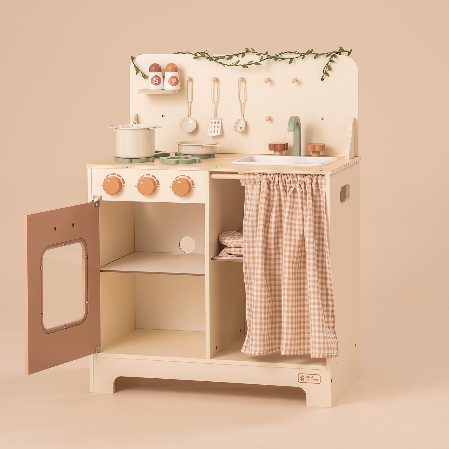 ROBUD Rustic Wooden Play Kitchen with Leaf Light String WCF11